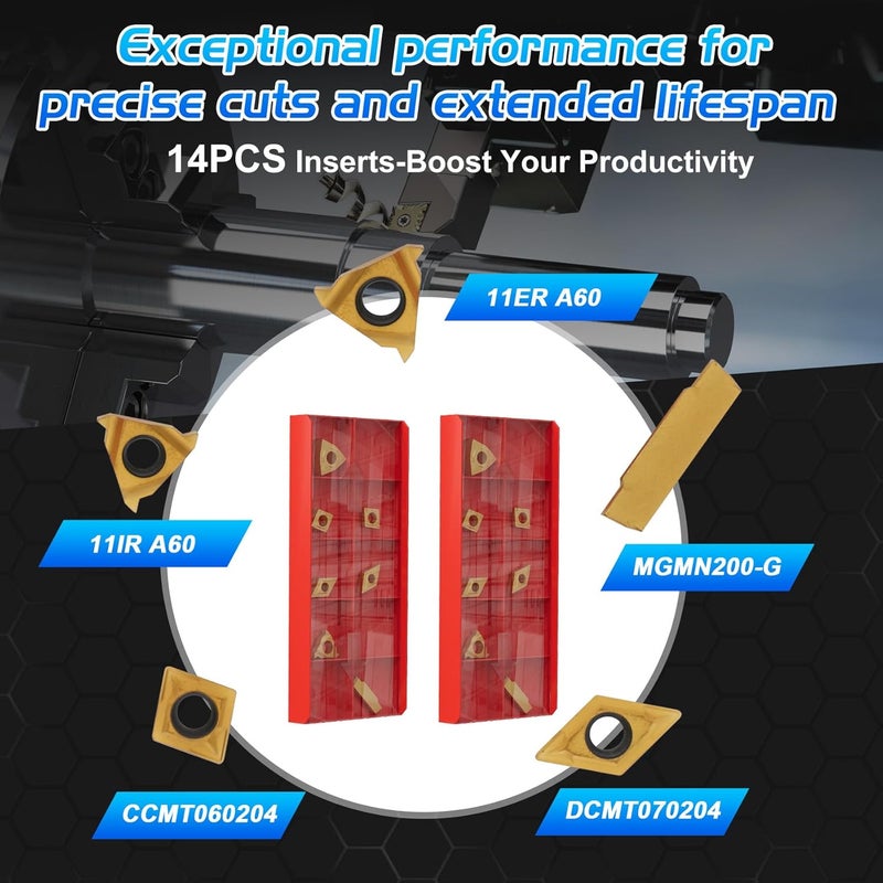 Joogto Indexable Lathe Turning Tool 21Pcs Kit 1/2'' 12mm Shank 7Pcs Metal Lathe Tools Holder Set & 14Pcs Turning Inserts for Turning Grooving Threading Boring, Lathe Tooling Ideal as Gift with Aluminum Box - Image 3
